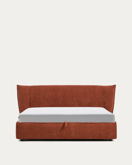 Arvian terracotta chenille removable-cover bed with ottoman base for a 180 x 200 cm mattress