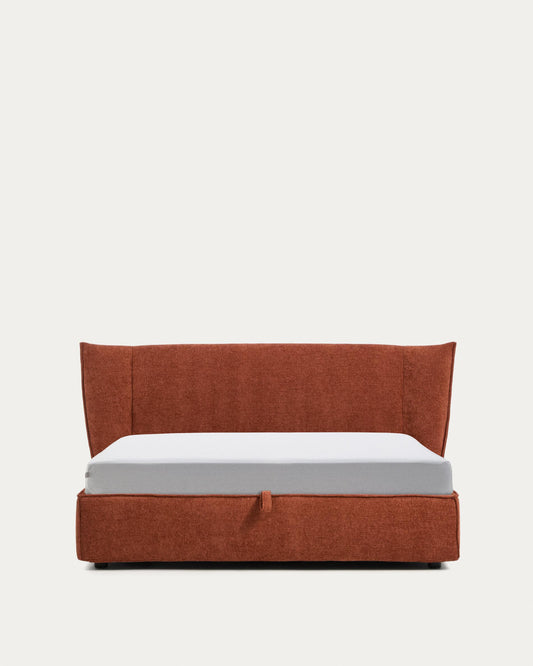 Arvian terracotta chenille removable-cover bed with ottoman base for a 160 x 200 cm mattress