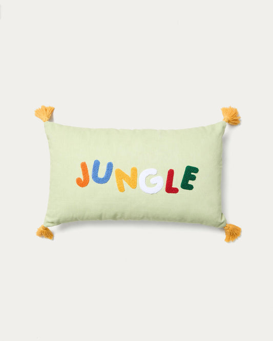 Tandani green cotton cushion cover with multicoloured embroidered lettering 30 x 50cm
