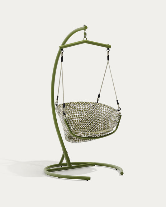 Saliga green hanging armchair with base in aluminium and synthetic rattan