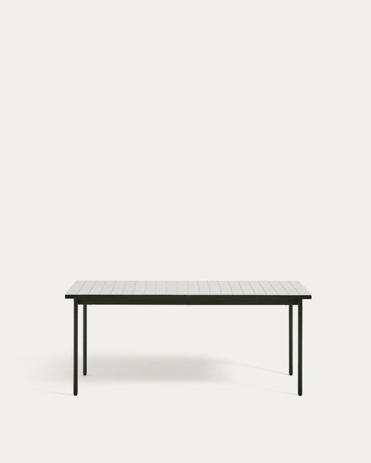 Maurina outdoor table in green galvanised steel with ecru-colored tiles 182 x 91cm