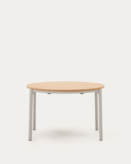 Montuiri extendable round table in oak veneer and steel legs with grey finish, Ø 120 (200) cm