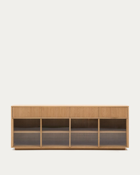Helvine sideboard 4 doors and 4 drawers oak veneer and tempered glass, 200 x 80cm FSC 100%