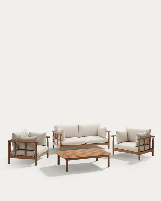 Sacova set of 2 armchairs, 2 seater sofa and coffee table in solid eucalyptus wood FSC