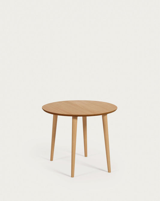 Oqui extendable round table in MDF oak veneer and solid wood legs, 90 (170) x 90 cm