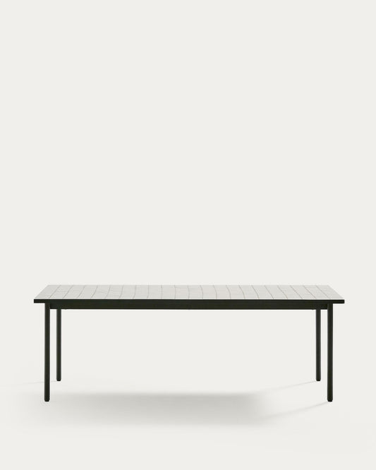 Maurina outdoor table in green galvanised steel with ecru-colored tiles 223 x 101cm