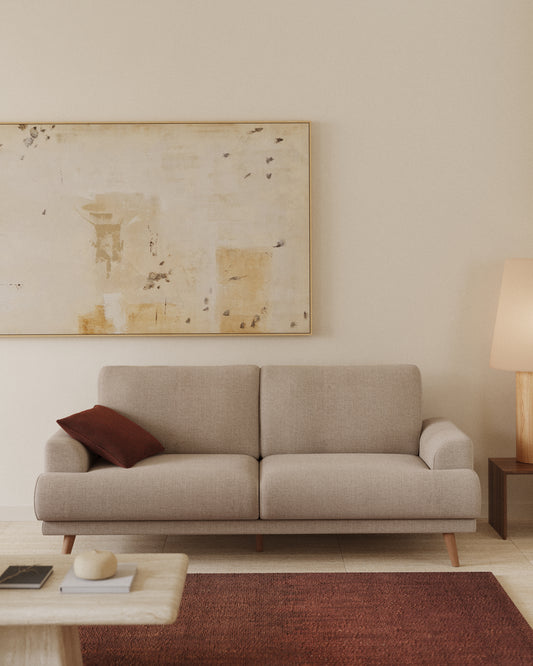 Karin 3-seater sofa beige with solid beech wood legs with natural finish, 231 cm