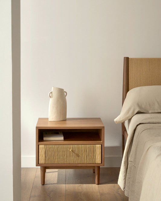 Elan bedside table in veneer and solid walnut with cord 51x45cm FSC Mix Credit
