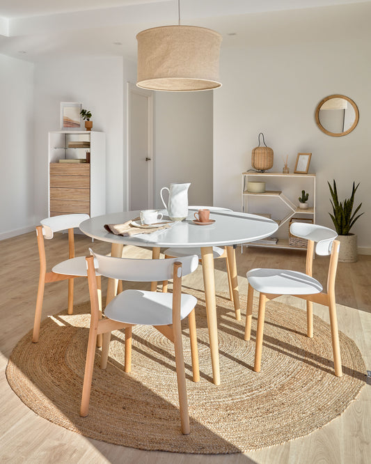 Oqui round extendable MDF table with white lacquer and solid beech legs 120(200)x120 cm