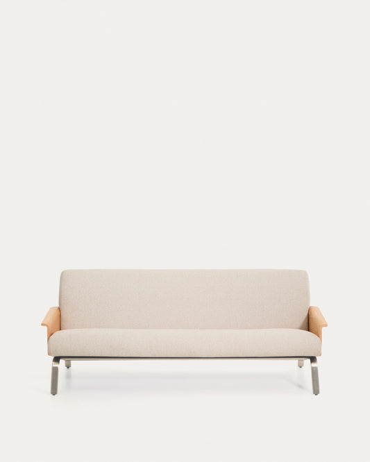 Amsen beige chenille 3-seater sofa in oak plywood with brushed stainless steel legs 205cm