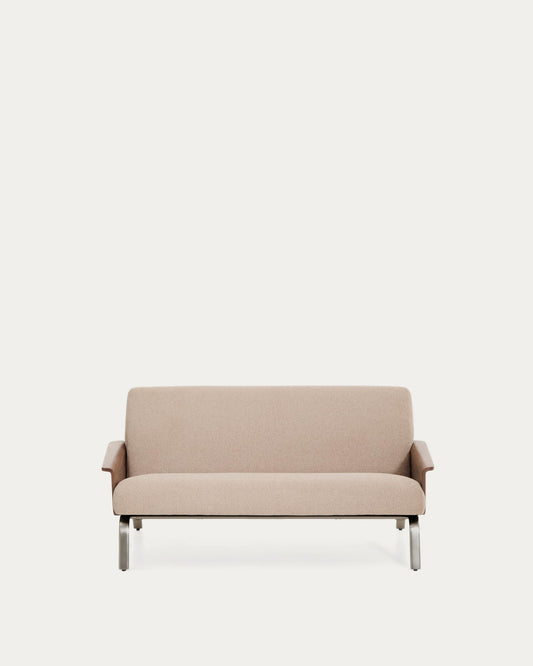Amsen light brown 2-seater sofa in walnut plywood with brushed stainless steel legs 165cm