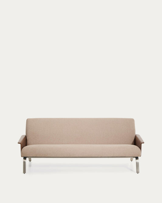 Amsen light brown 3-seater sofa in walnut plywood with brushed stainless steel legs 205cm
