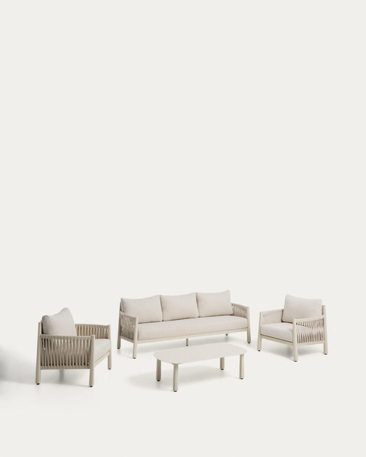 Aleria set with 3-seater sofa, 2 armchairs and coffee table in aluminium and ecru synthetic rope