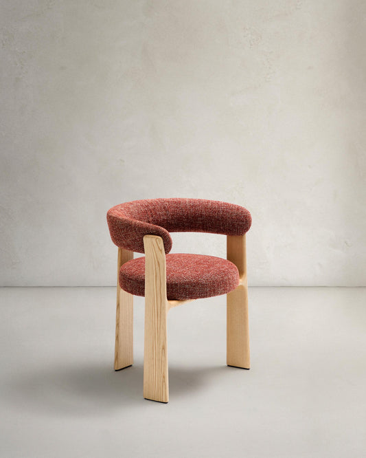 Granite 3-legged chair terracotta chenille and solid ash wood in a natural tone finish FSC 100%