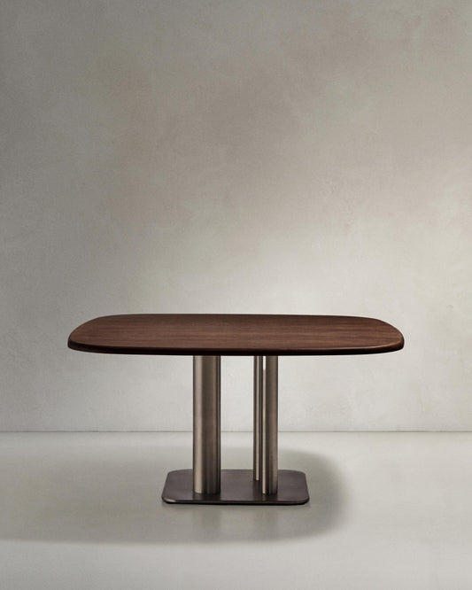 Melvar table made from walnut veneer and legs with brushed stainless steel base 150 x 150cm