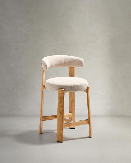 Granite stool in beige chenille and solid ash wood with natural tone finish FSC 100% 65cm