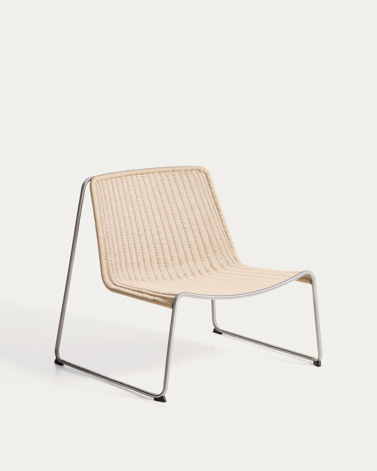 Tavari stackable armchair in beige synthetic rope cord and AISI 304 stainless steel with brushed finish