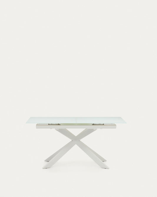 Atminda extendable table in glass and MDF with steel legs in white, 160 (210) x 90 cm