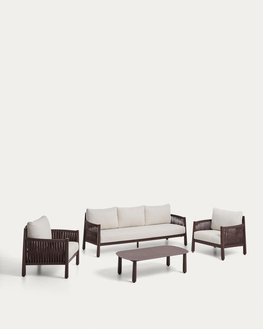 Aleria set with 3-seater sofa, 2 armchairs and coffee table in brown aluminium and synthetic rope cord
