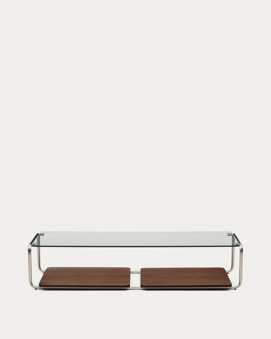 Tarsel coffee table in tempered glass with walnut veneer tray with brushed stainless steel structure 140 x 60cm