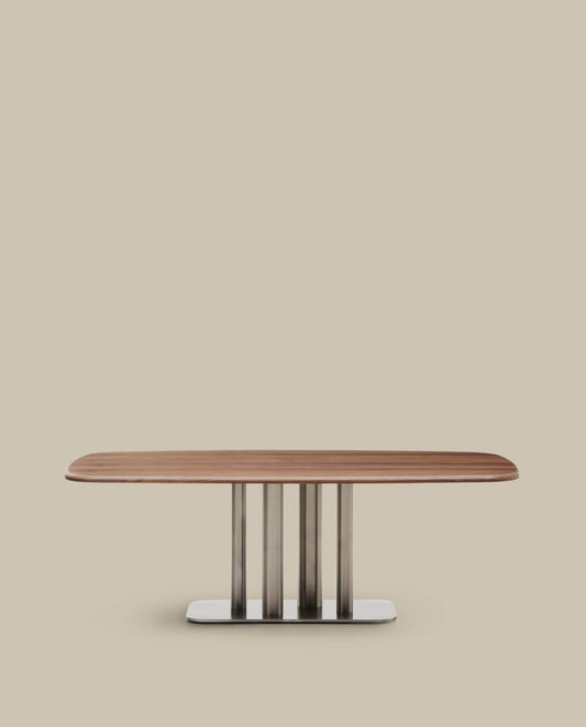 Melvar table made from walnut veneer and legs with brushed stainless steel base 220 x 110cm