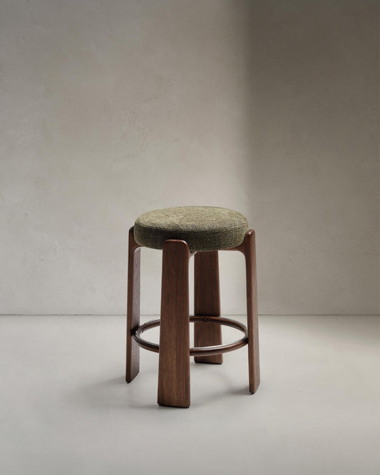 Granite stool in green chenille and solid ash wood with walnut-coloured finish FSC 100% 65cm