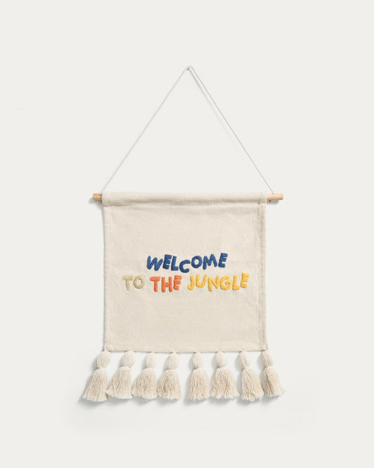 Tandani beige cotton wall tapestry with multicoloured letters and fringing 40 x 50cm