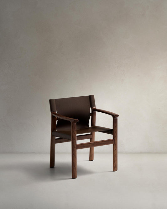 Jan chair made of dark brown recycled leather fibres and FSC 100% solid ash wood with walnut-coloured finish