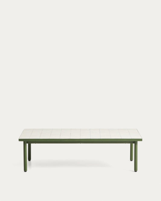 Maurina coffee table in green galvanised steel with ecru tiles 122 x 61cm