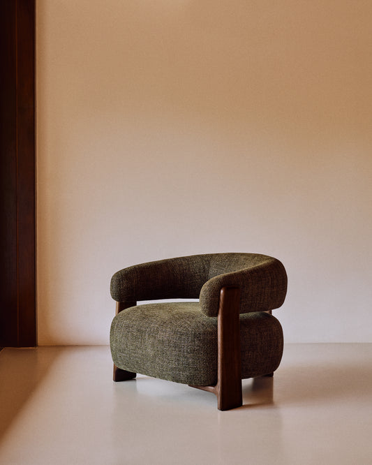 Granite green chenille armchair with solid ash wood legs in a walnut finish FSC 100%
