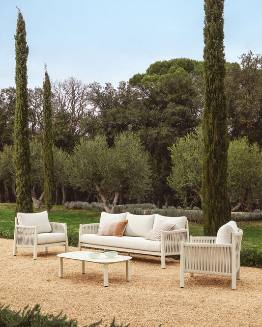 Aleria set with 3-seater sofa, 2 armchairs and coffee table in aluminium and ecru synthetic rope