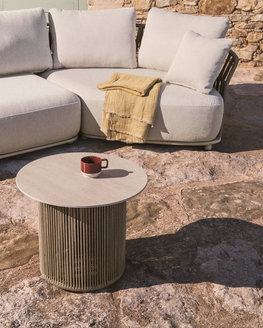 Orosei outdoor side table in sintered stone, aluminium and ecru rope Ø 55 cm