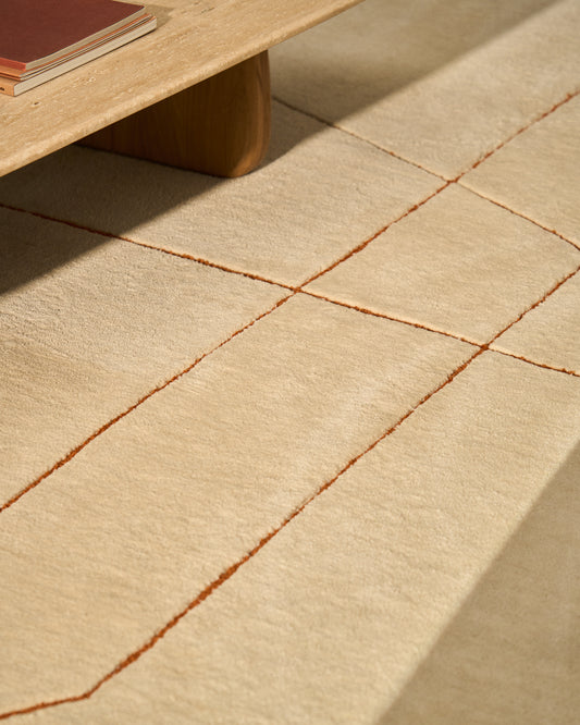 Delide ecru synthetic fibre rug with orange graphic detail 200 x 300cm