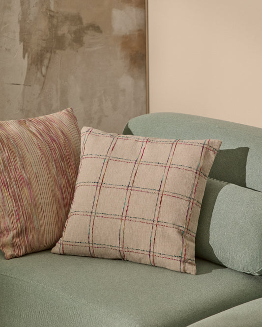 Nety beige cushion cover with multicoloured checked embroidery 45 x 45cm