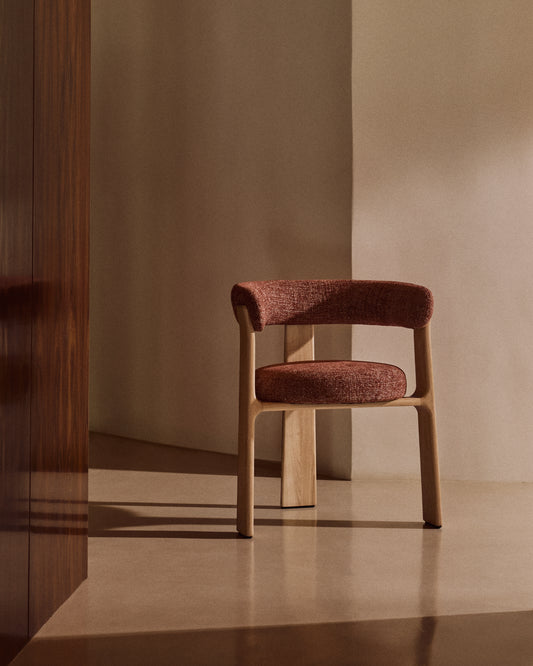 Granite 3-legged chair terracotta chenille and solid ash wood in a natural tone finish FSC 100%