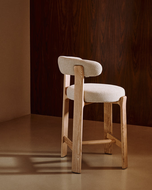 Granite stool in beige chenille and solid ash wood with natural tone finish FSC 100% 65cm