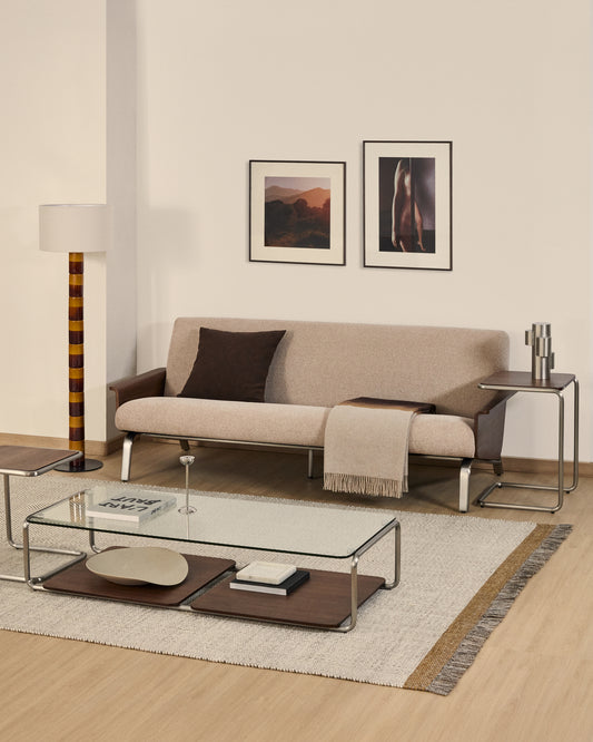Amsen light brown 3-seater sofa in walnut plywood with brushed stainless steel legs 205cm