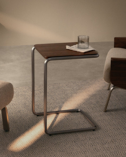 Tarsel side table in walnut veneer with brushed stainless steel structure 42 x 60cm