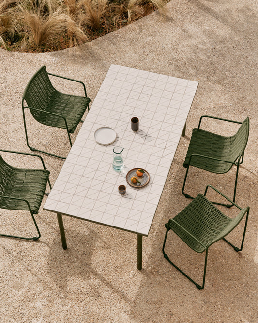 Maurina outdoor table in green galvanised steel with ecru-colored tiles 223 x 101cm