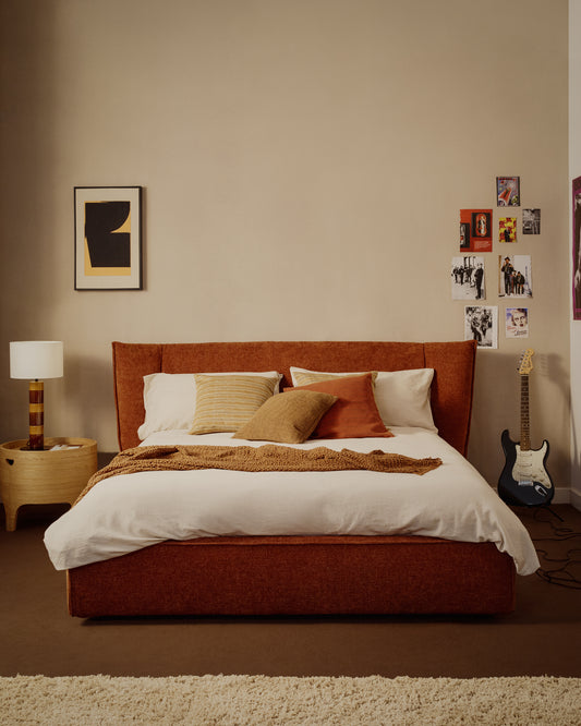 Arvian terracotta chenille removable-cover bed with ottoman base for a 160 x 200 cm mattress