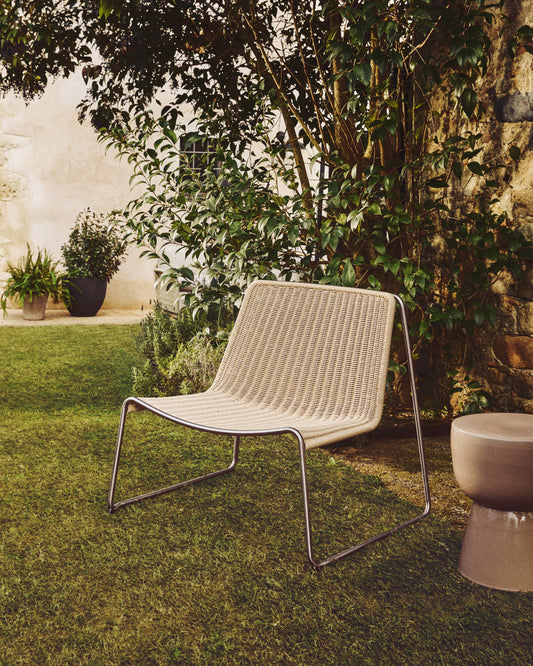 Tavari stackable armchair in beige synthetic rope cord and brushed-effect stainless steel