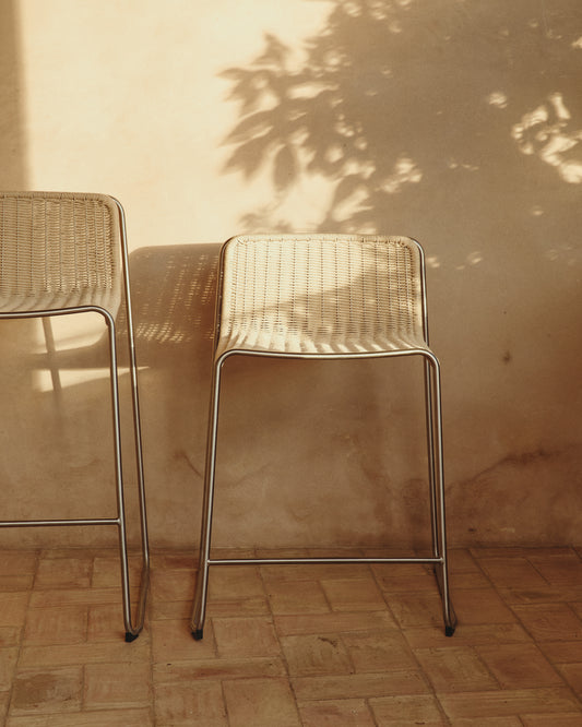 Tavari stackable stool in beige synthetic rope cord and brushed-effect stainless steel 65cm