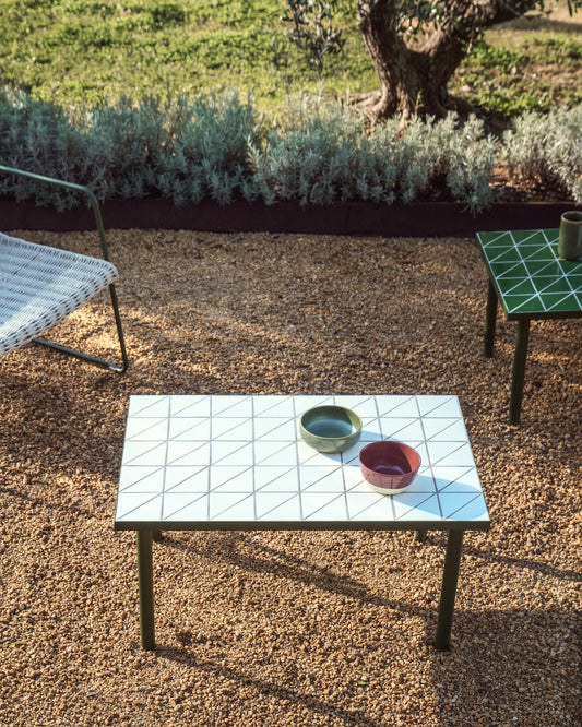 Maurina side table in green galvanised steel with ecru tiles 81 x 51 cm