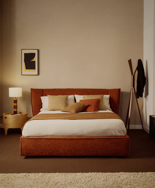 Arvian terracotta chenille removable-cover bed with ottoman base for a 160 x 200 cm mattress