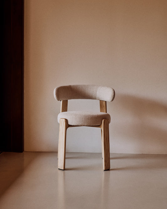Granite chair in beige chenille and with solid ash wood in a natural tone finish FSC 100%