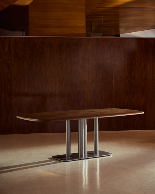 Melvar table made from walnut veneer and legs with brushed stainless steel base 180 x 100cm