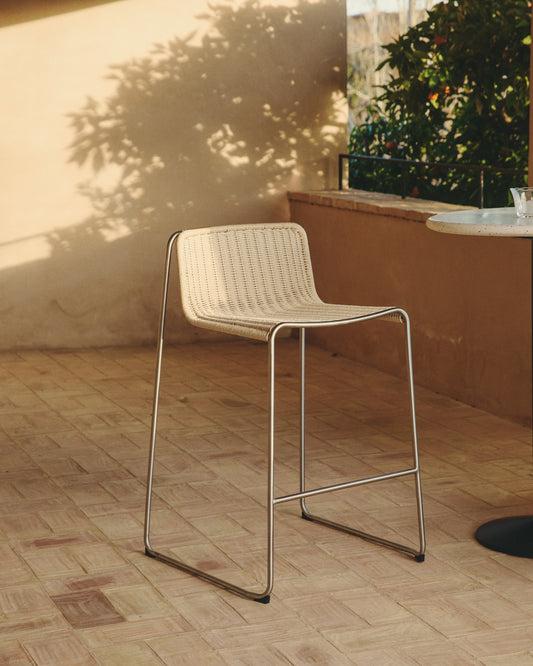 Tavari stackable stool in beige synthetic rope cord and AISI 304 stainless steel with brushed finish 75 cm