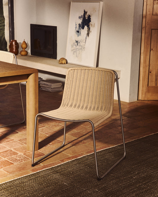 Tavari stackable chair in beige synthetic rope cord and brushed-effect stainless steel