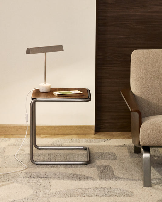 Tarsel side table in walnut veneer with brushed stainless steel structure 42 x 47cm