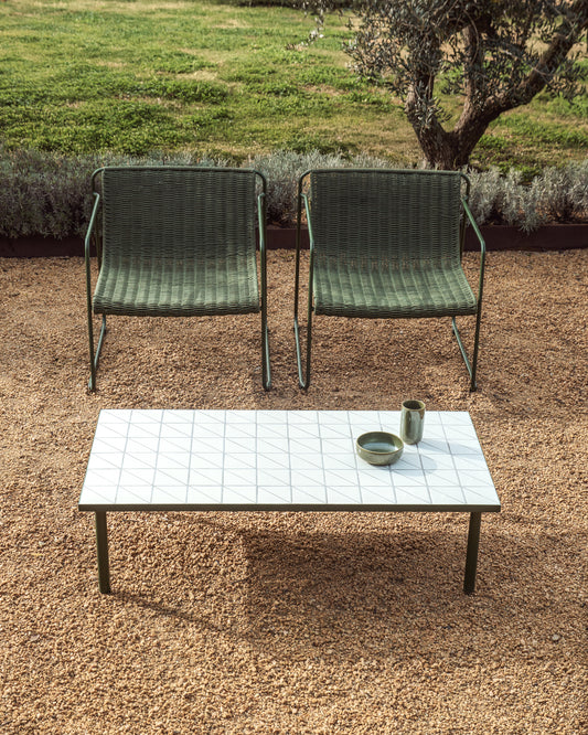 Maurina coffee table in green galvanised steel with ecru tiles 122 x 61cm